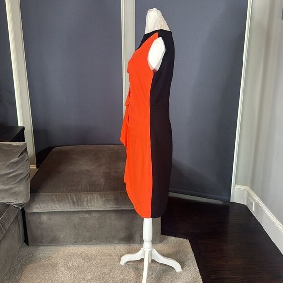 Women’s Black & Orange Asymmetrical Ruffled Front Midi Dress Zip Up Back Size M - Picture 5 of 13